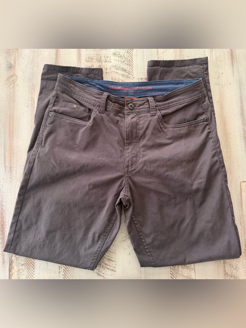 Weatherproof Men’s Chinos in Dark Brown with Blue Waistband Detail